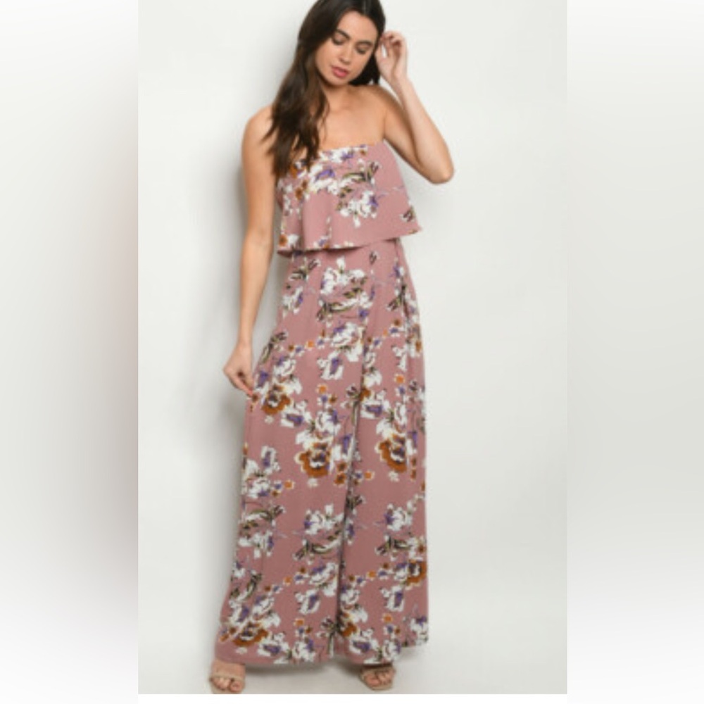 Strapless Floral Strapless Wide-Leg Jumpsuit - Mauve Pink